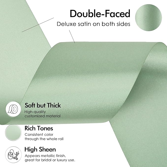 MEEDEE Sage Green Satin Ribbon Lux Double Faced Satin Ribbon by 10 Yards Sage Green Ribbons Sage 3 Inch Ribbons for Wedding, Christmas Tree Decoration, Flower Bouquet, Bow Making