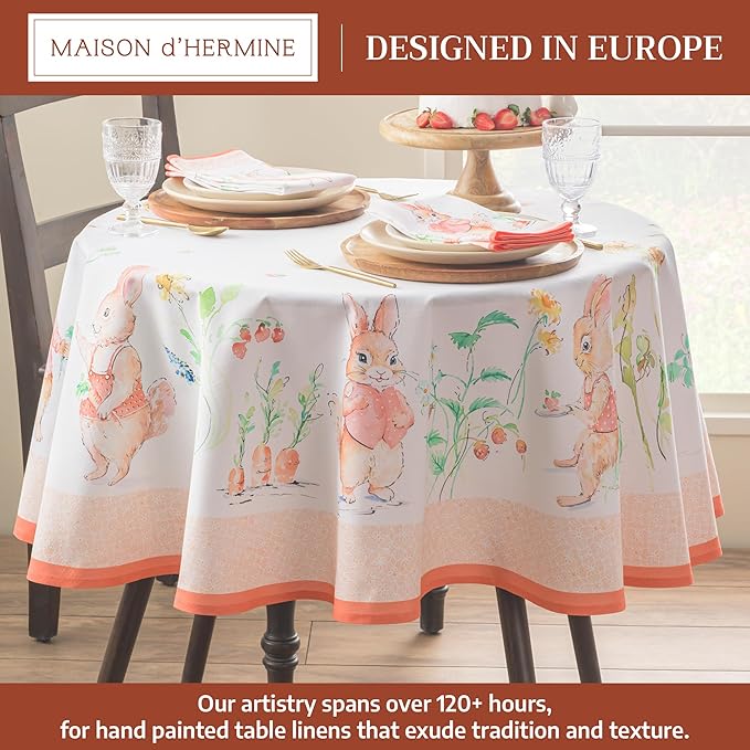 Maison d' Hermine Table Cloth Round Table 100% Cotton 63 Round Inches Tablecloth Reusable Decorative for Dining Room Farmhouse Home Valentines Day Decorations Spring Summer - Bunny Party
