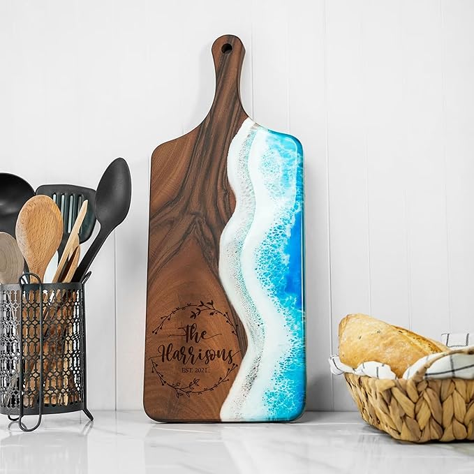 Resin Ocean Personalized Cutting Board, Housewarming Gift for Couple, Wedding Gift, Christmas Gift Idea, Epoxy Charcuterie Board, Walnut Wood Cheese Board