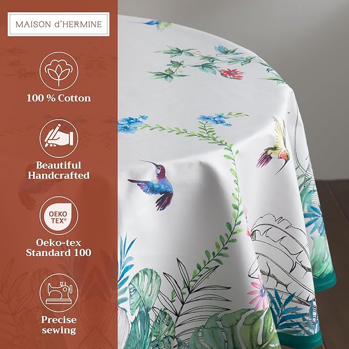 Maison d' Hermine Table Cloth Round Table 100% Cotton 69 Round Inches Tablecloth Reusable Decorative for Dining Room Farmhouse Home Valentines Day Decorations Spring Summer - Tropiques