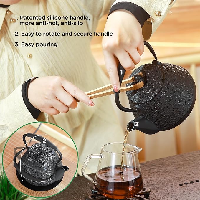 Cast Iron Teapot, 32oz Japanese Sakura Blossom Pattern Tea Kettle, Stovetop Safe, Infuser for Loose Leaf & Coffee, Silicone Handle, Enamel Interior, 950ml Black