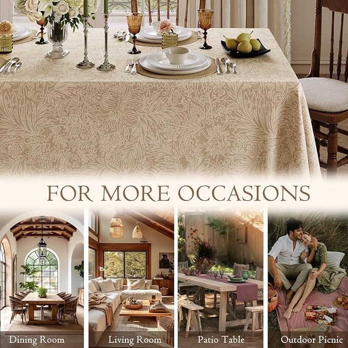 French Linen Tablecloth Rectangular, Vintage Floral Beige Table Cloth, Waterproof Table Cover for Picnic Dining Party Wedding Christmas, Ivory Beige, 55x71''