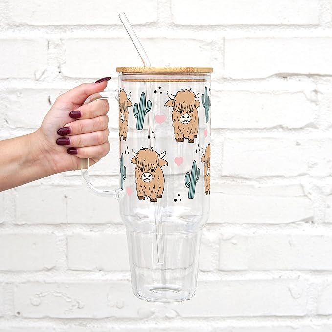 Sip-Sip Hooray! 40oz Highland Cow with Cactus Glass Tumbler with Handle, Aesthetic Glass Cup with Bamboo Lid & Straw, Large Iced Coffee Tumbler, Dishwasher Safe, Farmhouse Western Gift for Women