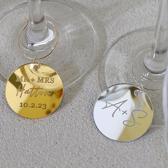 Personalized Wine Glass Charms with Rings,1.33 Inch Round Drink Markers and Name Tags for Stem Glasses Identification,Custom Place Cards for Valentine's Day,Wedding,Bridal Party Favors…