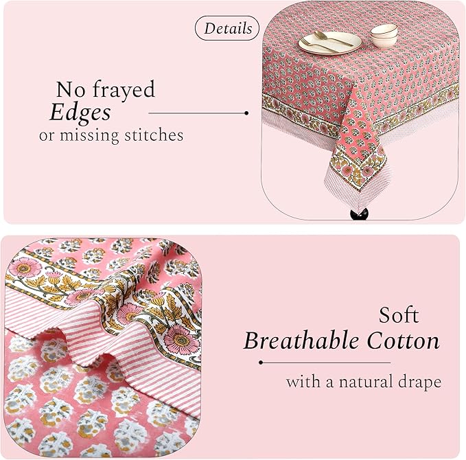 CPC Tablecloth 100% Cotton 72x140 Inch Indian Block Print Rectangle Table Cover, Washable Table Cloth for Weddings, Spring/Summer, Barbeque - Poppy Pink