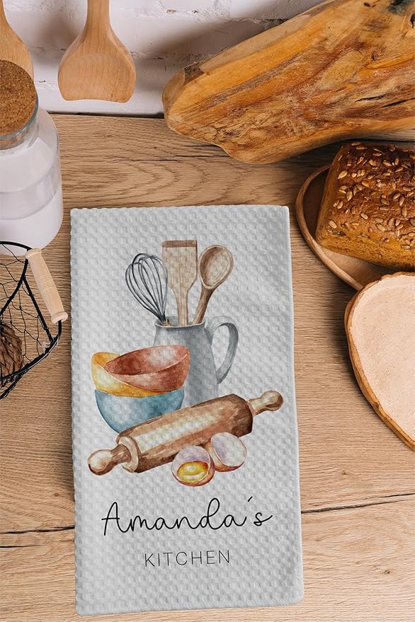 Personalized Kitchen Towel | Custom Tea Towel | Watercolor Utensil Dish Towel | Kitchen Decor | Hand Towel Gift Set | Waffle Weave Dishcloth (Pack of 4 Towels, Design 2)