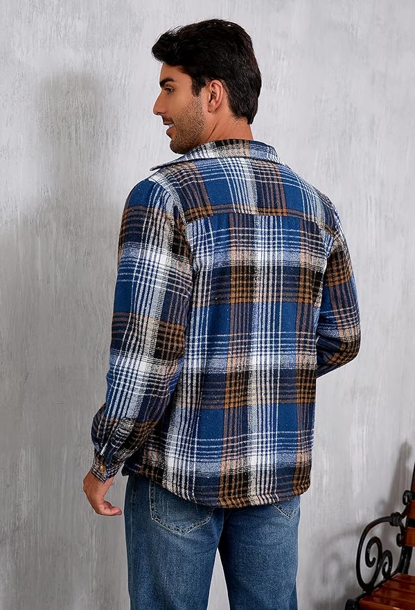 Men's Cotton Sherpa Lined Button Down Flannel Shirt Jacket Plaid Soft Outdoor Flannel Jacket Shirt