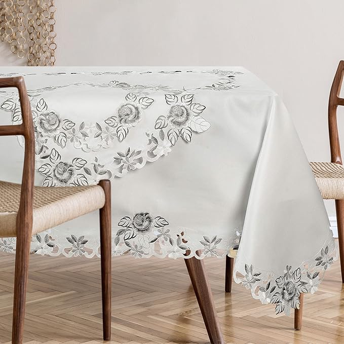 Decozen Ivory Table Cloth - Rectangle Lace Linen Tablecloth Intricate Cutouts Embroidery for Kitchen Dining Room Table Home Decor Wedding Receptions - 60 x 120 inches - The Alois Collection