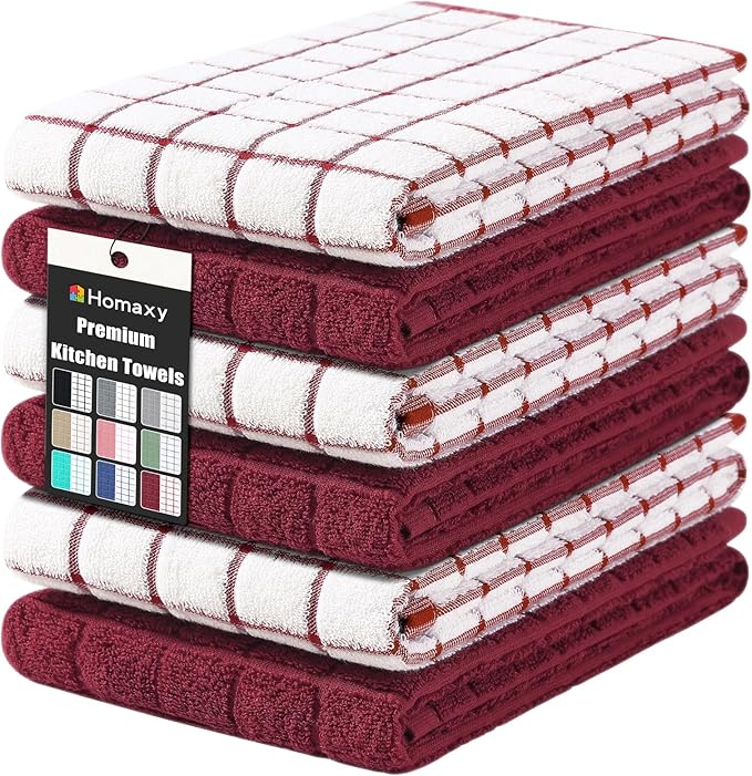 Homaxy Premium Cotton Kitchen Towels 16"x 28", Large Natural Ring Spun 390 GSM Dish Towels, Super Absorbent Terry Kitchen Hand Towels, Soft Tea Towels with Hanging Loop, Red Check Design,6 Pack