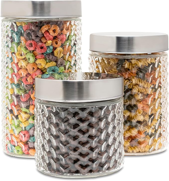 Style Setter Round Canister Set 3-Piece Glass Jars in 30, 44 and 59 ounces Chic Retro Design with Airtight Stainless Steel Lids for Cookies, Candy, Coffee, Sugar, Rice, Pasta, Cereal and More Weave