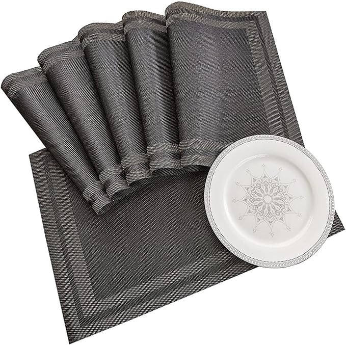 Woven PVC Placemats for Dining Table Set of 1/4/6 Heat Stain Slip Washable Kitchen Table Mats Classic(Hui Silver White,6 pcs 45x30cm)