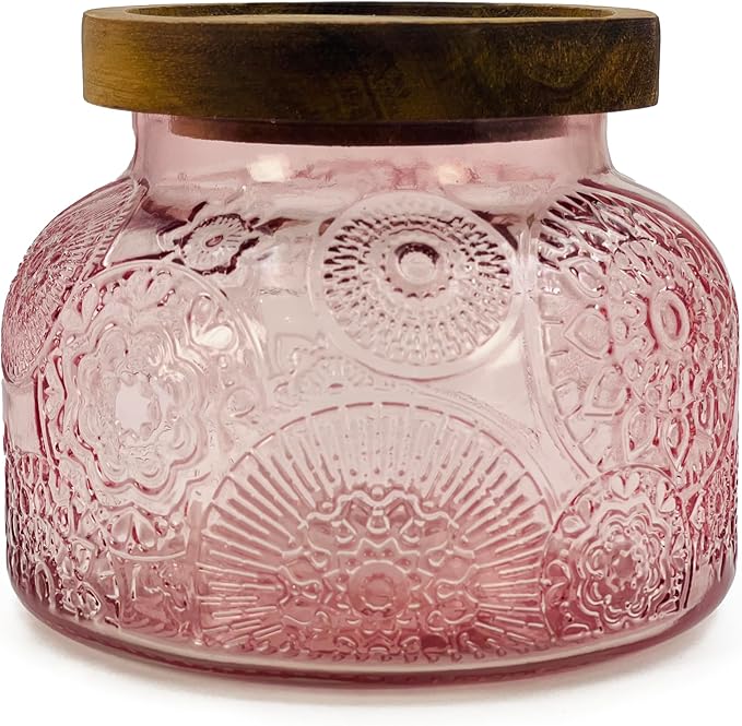 Decorative Pink Glass Jar with Airtight Wooden Lid 25.4 oz, Wide Mouth Vintage Kitchen Food Storage Container for Cookie Candy Honey Flour Spice Coffee Tea, Home Decor Sand Candle Holder Vase
