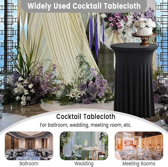 Qubjus 2 Pack Round Cocktail Table Covers with Skirt Stretch Spandex Tablecloth 24"x43" Cocktail Round Tablecloth for Party Wedding Birthday Banquet, Black