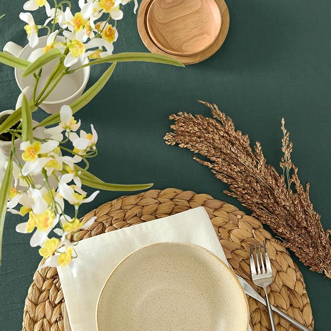 MONDAY MOOSE Ruffle Farmhouse Rustic Round Natural Stonewashed Cotton Tablecloth for Kitchen, Dining Room, Restaurant (60" Round, Teal Green)