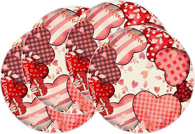 XCHI Love Hearts Valentine's Day Round Placemats Set of 4 Table Mats for Party Home Kitchen Dining Table Decorations 14x14 Inch