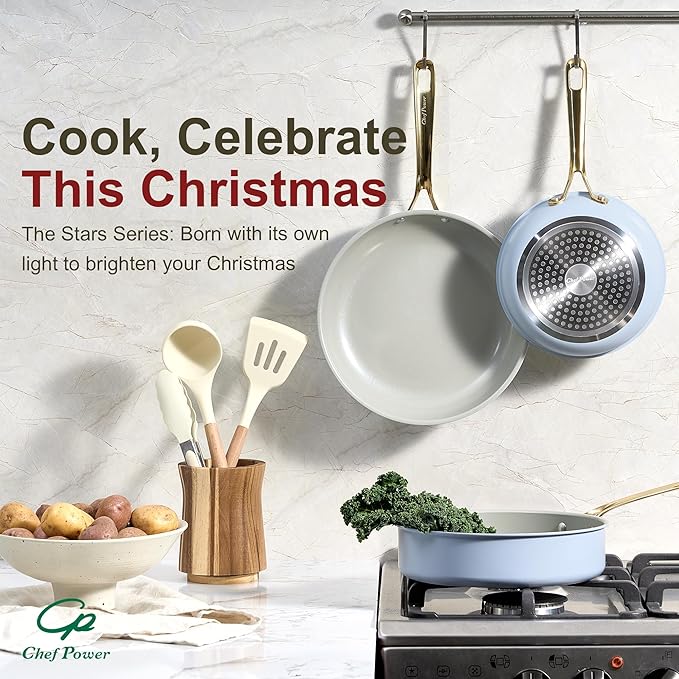 Chef Power Ceramic Frying Pan with Stainless Steel handle 5Pcs Set, Non Stick Grill Pan Set, Dishwasher and Oven Safe, Light Blue and Granite Grey