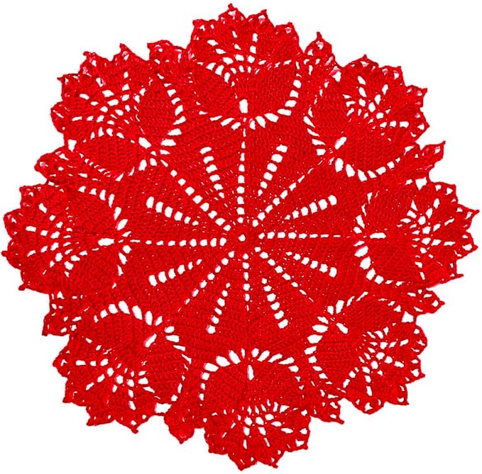 BIBITIME Tulip Flower Doilies Lace Doilies Kitchen Table Doily Mats Tablecloth Handmade Crochet Placemats Vase Dish Plate Mat (1 PC- 15.7 inches- 17.7 inches, Red)