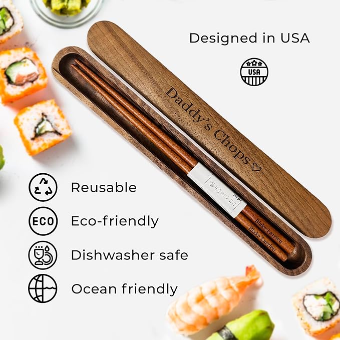 Walnut Chopsticks Reusable Engraved With Personalized Names Classic or Japanese Chinese Style Wood Dinnerware Utensils Wedding Birthday Anniversary Gift (Walnut Wood Chopsticks)