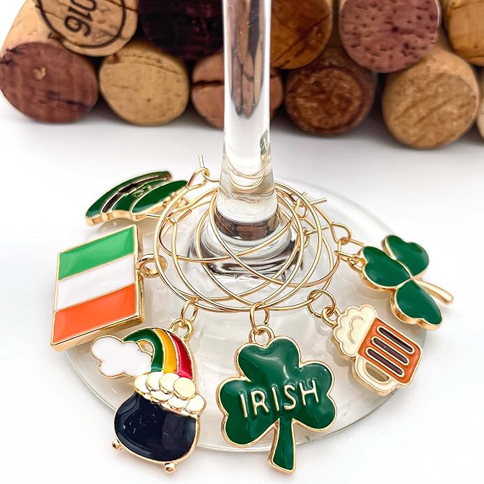 Serendipity Irish Wine Glass Charms, Irish Glass Markers, St Patricks Day Decoration, Set of 6 Charms: Ireland Flag, Leprechaun Hat, Shamrock, Beer Mug, and Pot of Gold