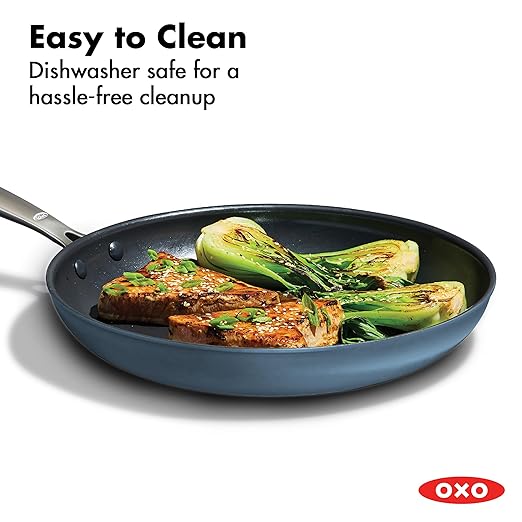 OXO Enhanced 12” Nonstick Frying Pan Skillet with Lid, Ceramic PFAS-Free Cookware, Durable Hard Anodized, Scratch Resistant, Stainless Steel Handle, Eggs & Omelets, Dishwasher & Oven Safe, Storm Blue
