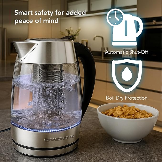 OVENTE Electric Tea Kettle with Temperature Control, Removable Tea Infuser, Easy to Fill Lid, Keep Warm Function, Auto Shut-Off, 1.7L Double Wall Borosilicate Glass, Stainless Steel Base, Silver KD68S