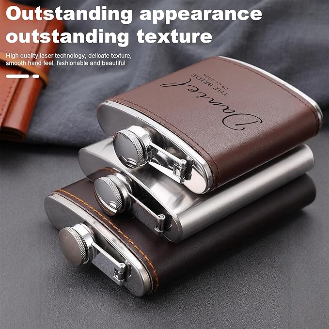 Personalized Flask for Men,Custom Hip Flask for Liquor Soft Touch Leather with Name, Steel Stainless - 6Oz Flaskap for Wedding, Climbing, Barbecue,Fishing-Black