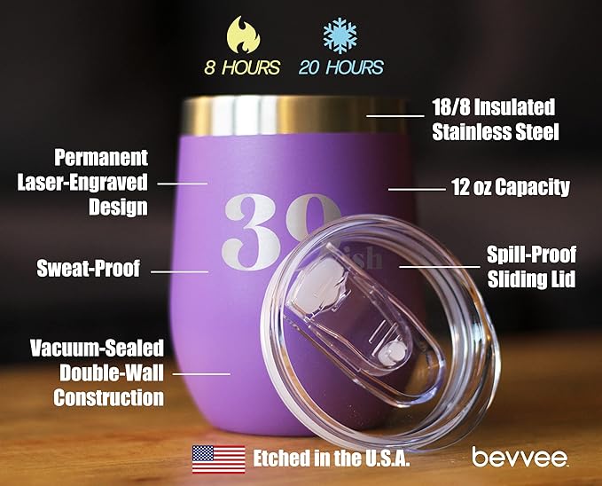 Bevvee 39ish - Funny 40th Birthday Wine Tumbler Glass with Sliding Lid - Stainless Steel Insulated Mug - Bday Party Decorations for Women Turning 40 - Purple