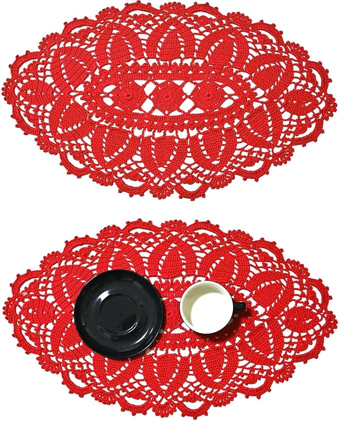 BIBITIME Lace Tablecloth Doily Handmade Crochet Placemat Women Vase Mat Kitchen Table Runner (2PCS- 12 x 22 in, Red)