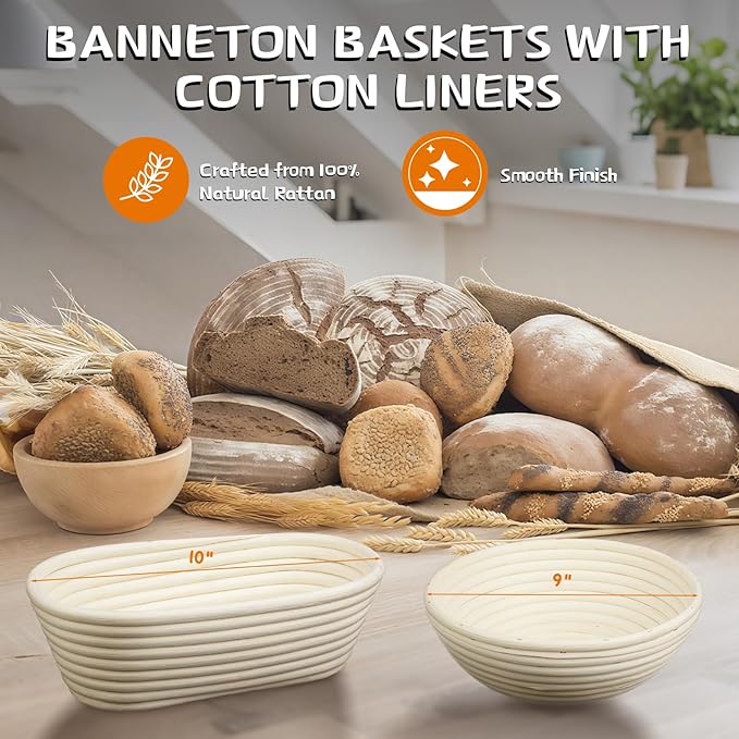 Banneton Bread Proofing Basket Banneton Basket Set Sourdough Proofing Basket Round Proofing Bowls Handmade Rattan Baskets and Liners (Oval of 2 Gift Set)