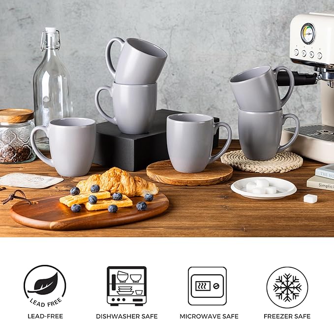 GBhome 12oz Coffee Mugs Set of 6, Large Ceramic Coffee Mugs for Man, Woman, Dad, Mom, Modern Coffee Mugs Set with handle for Tea/Latte/Cappuccino/Milk/Cocoa. Dishwasher&Microwave Safe,Matte Grey
