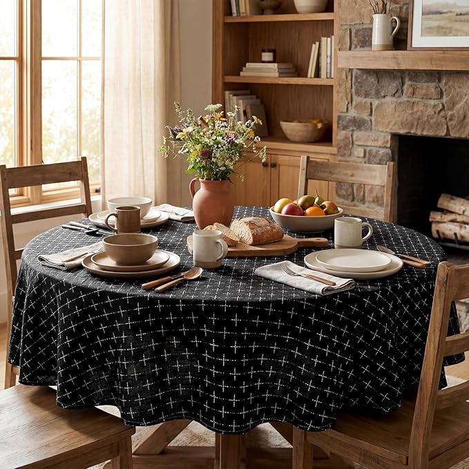 Horaldaily Black Round Table Cloth, Cross-Star Solid Textured Embroidery Tablecloth, Wrinkle Free Washable 60×60 Inch Table Cover for Kitchen, Party, Wedding, Picnic, Outdoor