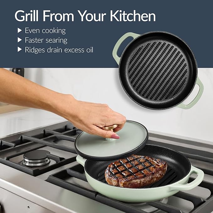 Best Choice Products Non-Stick Pot & Pan Cookware Set, Cast Iron, 2Qt Skillet W/Lid, 10" Grill Or Griddle Pan W/Press, 6Qt Enameled Dutch Oven, Non-toxic, For Cooking & Grilling - Sage