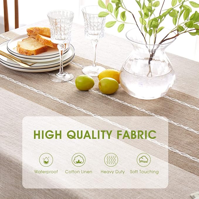 QIANQUHUI Embroidered Tablecloth for Dining Table,Rustic Farmhouse Kitchen Table Cover, Dust Proof Spillproof Soil Resistant Cotton Linen Rectangle Tablecloths（L-Coffee,55x102 inch）