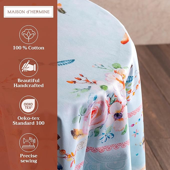 Maison d' Hermine Table Cloth Round Table 100% Cotton 63 Round Inches Tablecloth Reusable Decorative for Dining Room Farmhouse Home Valentines Day Decorations Spring Summer - Ibiza - Blue