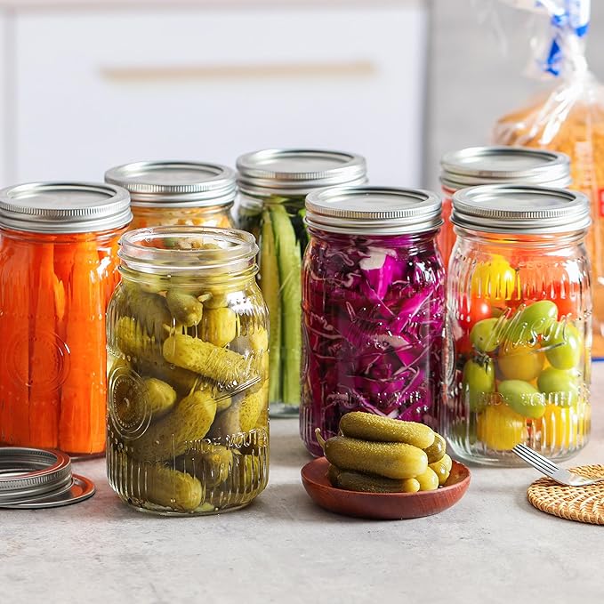 12 Pack 32 oz Wide Mouth Mason Jars - Heavy Duty Glass Storage Jars with Airtight & Leak Proof Lids for Pickling, Canning, Food Storage, Flour, Sugar, Pasta, Oats & DIY Projects (12pack 32oz)