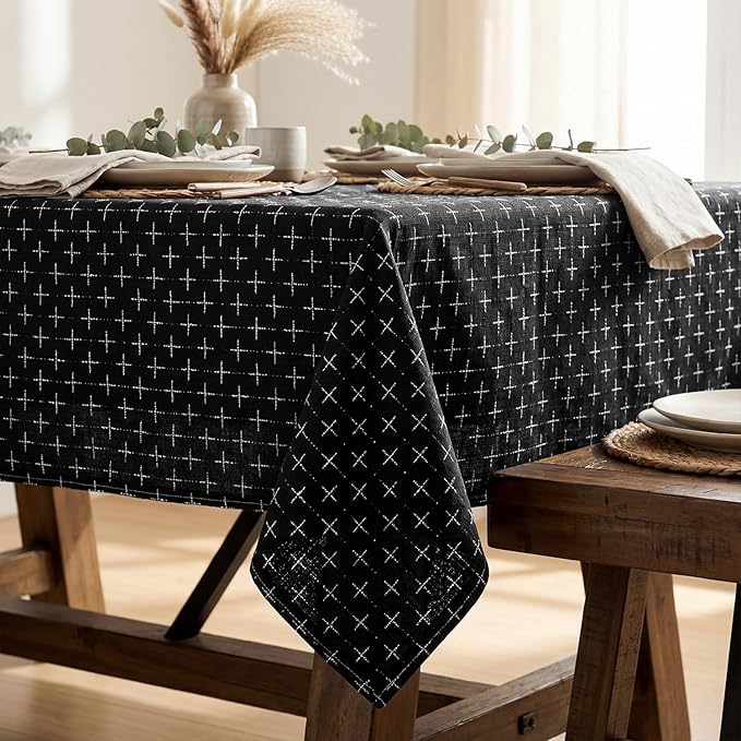 Horaldaily Black Rectangular Table Cloth, Cross-Star Solid Textured Embroidery Tablecloth, Wrinkle Free Washable 52×70 Inch Table Cover for Kitchen, Party, Wedding, Picnic, Outdoor