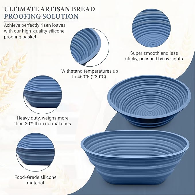 Premium Foldable Silicone Sourdough Banneton Basket | Bread Proofing & Baking Basket Set - Includes Oval & Round Bowls (9.5 Inch) - Oven & Dishwasher Safe, Gifts for Bakers - Blue