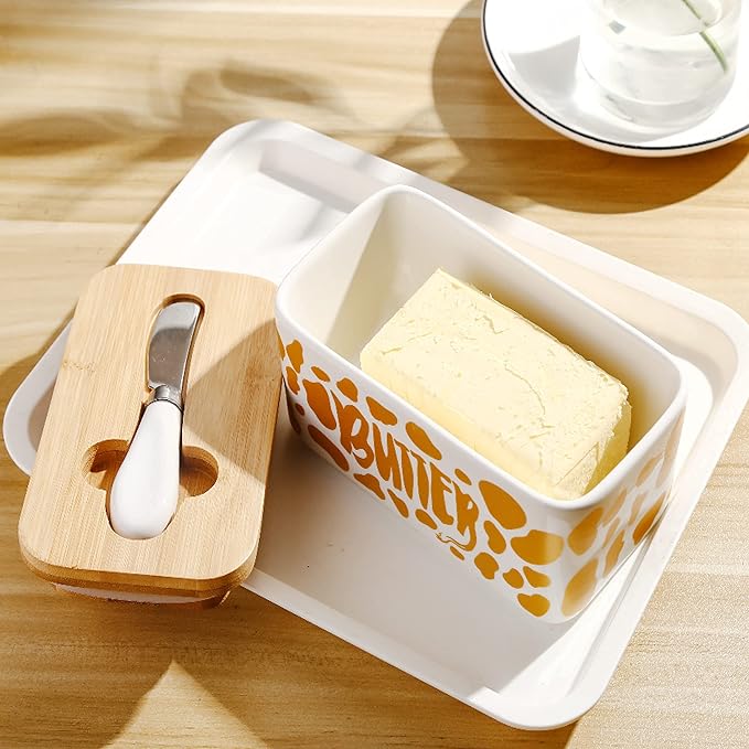 Cow Butter Holders, Cceramic Butter Dish with Lid, Large Butter Dish with Lid for Countertop, Silicone Sealing, Good Kitchen Gift, White (Gold with Knif)