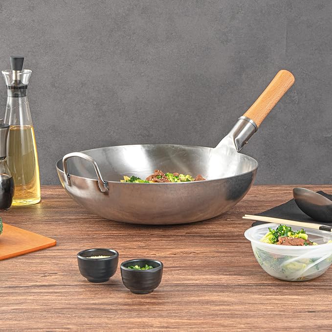 Motomori 14 Inch Hand-Hammered Carbon Steel Wok, 10 Traditional Japanese Wok - Flat Bottom, Wooden Handle, Black Carbon Steel Traditional Stir Fry Pan, With Helper Handle - Restaurantware