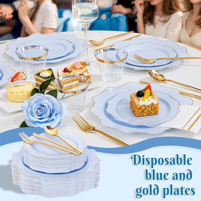 WDF 175Pcs Blue Plastic Plates - Heavy Duty Baby Blue Plates Disposable - 25Guests Plastic Dinnerware Ideal for Parties/Wedding/Baby Shower/Easter