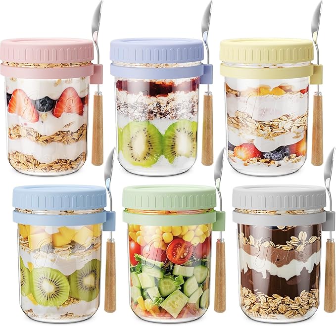 16oz Overnight Oats Containers with Lids and Spoons, 6 Pack Wide Mouth Mason Jars with Airtight Lids, Overnight Oats Jars for Salad, Chia Seed, Cereal, Yogurt