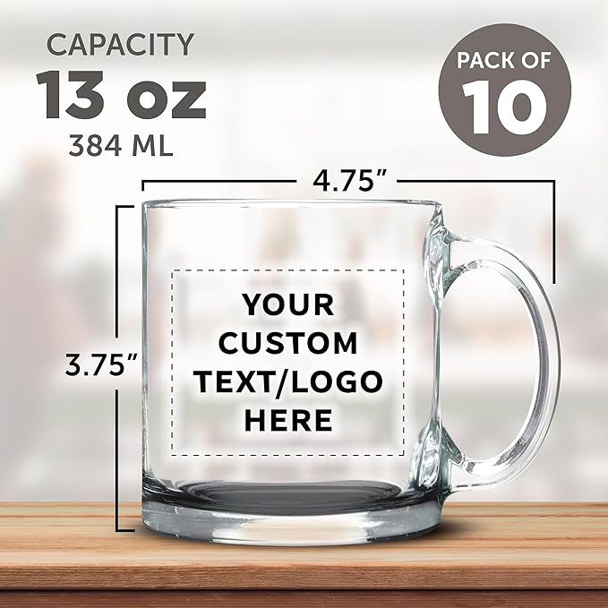 Custom Libbey Clear Glass Coffee Mugs 13 oz. Set of 10, Personalized Bulk Pack - Perfect for Coffee, Tea, Espresso, Hot Cocoa, Other Beverages - Black Bottom