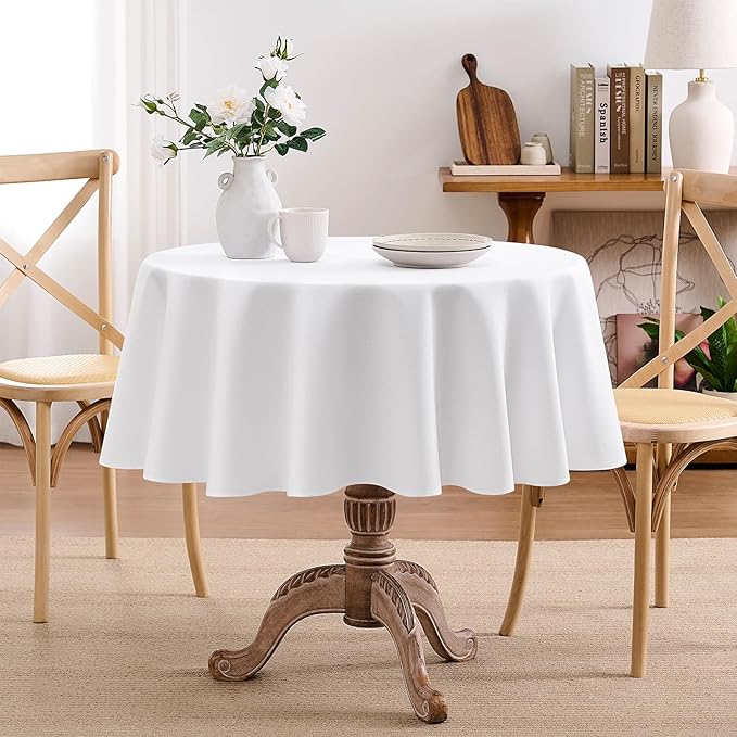 Faux Linen Tablecloths for Rectangle Tables, Burlap Textured Table Cloths Washable Farmhouse Table Cover Water Resistant for Dining, Wedding, Outdoor(White, 60" Round)