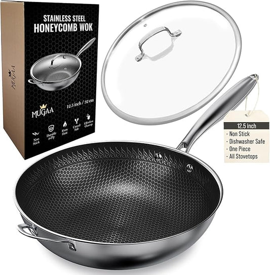 12.5” Nonstick Stainless Steel Wok Pan with Lid | Tri-Ply Honeycomb Hybrid Stir-Fry Pan | Nonstick Woks & Stir-Fry Pans | PFOA-Free, Induction, Dishwasher & Oven Safe