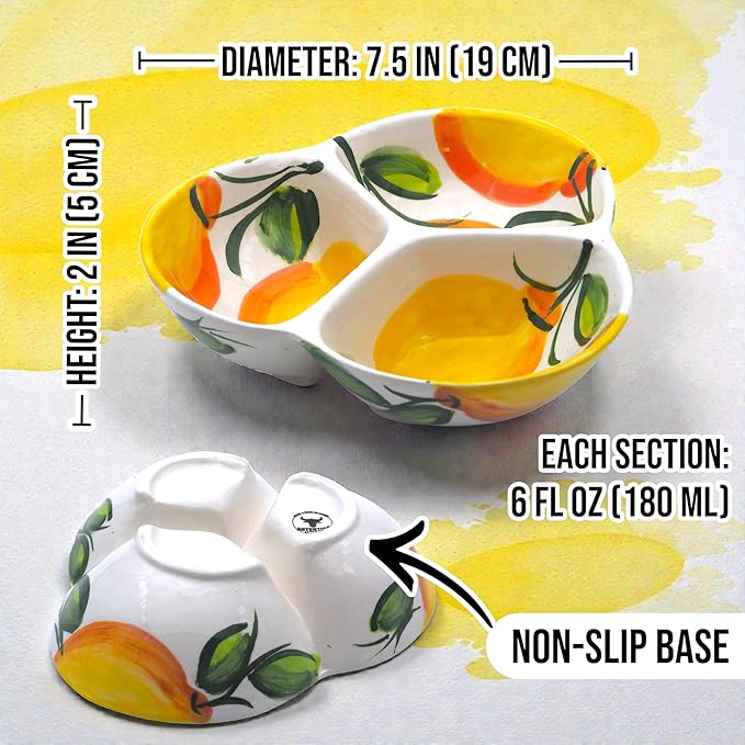 Ceramic Chip & Dip Bowl 7.5”, 3-Compartment Divided Serving Dish & Condiment Tray for Appetizers – Handmade in Spain, Lead-Free Glaze, Microwave, Oven & Dishwasher Safe