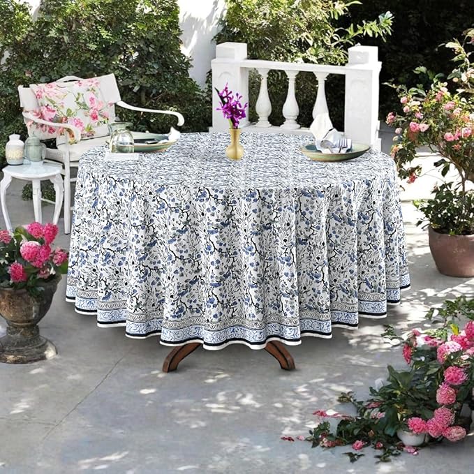 Ridhi Block Print Round Spruce Carolina Blue Reusable Tablecloth 100% Cotton 110" Inch Decorative Table Cover eveyday Dining, Home, Party, Wedding, Farmhouse Gift for Spring, Easter, Valentine