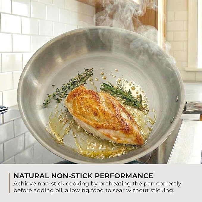 Sunhouse 8 Inch Tri-Ply Stainless Steel Frying Pan, Whole-Clad No Coatings Skillet with Stay-cool Handle for Cooking, Durable & Oven Safe to 500°F, Dishwasher Safe, Compatible with All Cooktops