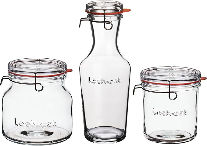 Luigi Bormioli Lock-Eat 3pc Jar Set (Set of 3) : Innovative Glass Lid, Easy to Close, Easy to Open, Dishwasher Safe, Microwave Safe, Canning Safe, Freezer Safe, Stackable Jars