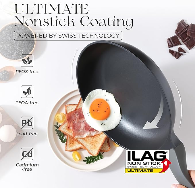PRICUSIS Nonstick Frying Pan, 8/10/12 Inch Skillet with Stay Cool Handle, Fully Coated, Induction Compatible & Oven Safe, 100% Dishwasher Safe, PTFE & PFOA Free（12 Inch, Black Sesame）