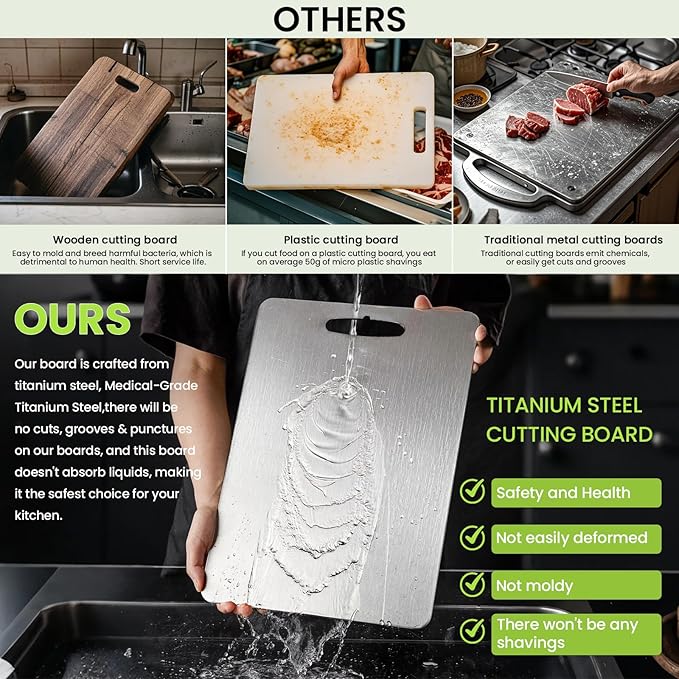 Titanium Cutting Board, 2025 New Upgrade 100% Pure Titanium Cutting Boards for Kitchen, Hygiene & Durability Non Stick Chopping Board, Double sided Cutting Mat, Easy to Clean (18 * 12)